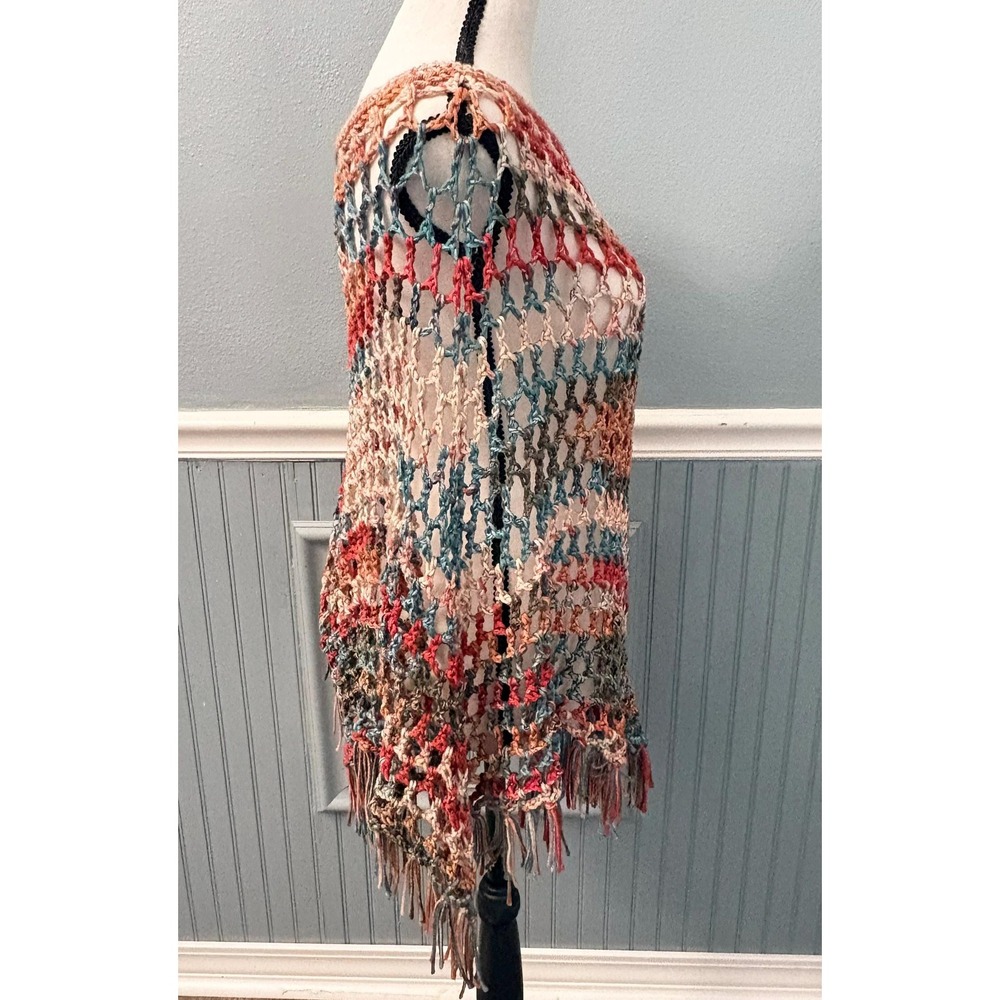 Handmade Crochet Poncho with Fringe | Boho Multicolor Poncho | One of a Kind - Picture 4 of 16